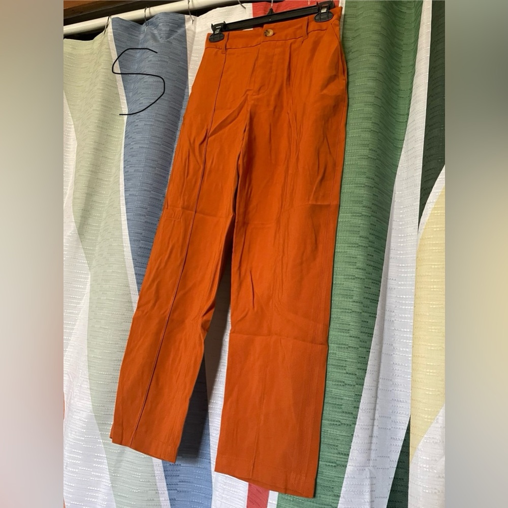 Orange straight leg trousers (elastic waist in back)